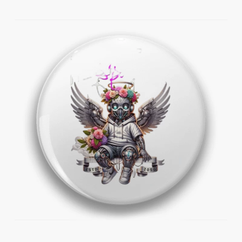 Angelic Steampunk Robot with Floral Crown and Wings Pin