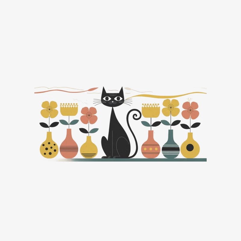 Retro Cat and Floral Vase Illustration in Scandinavian Style Female Pullover Sweatshirt