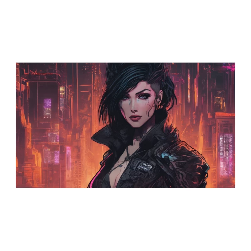 Cyberpunk Femme Fatale in Neon-lit Metropolis Tapestry