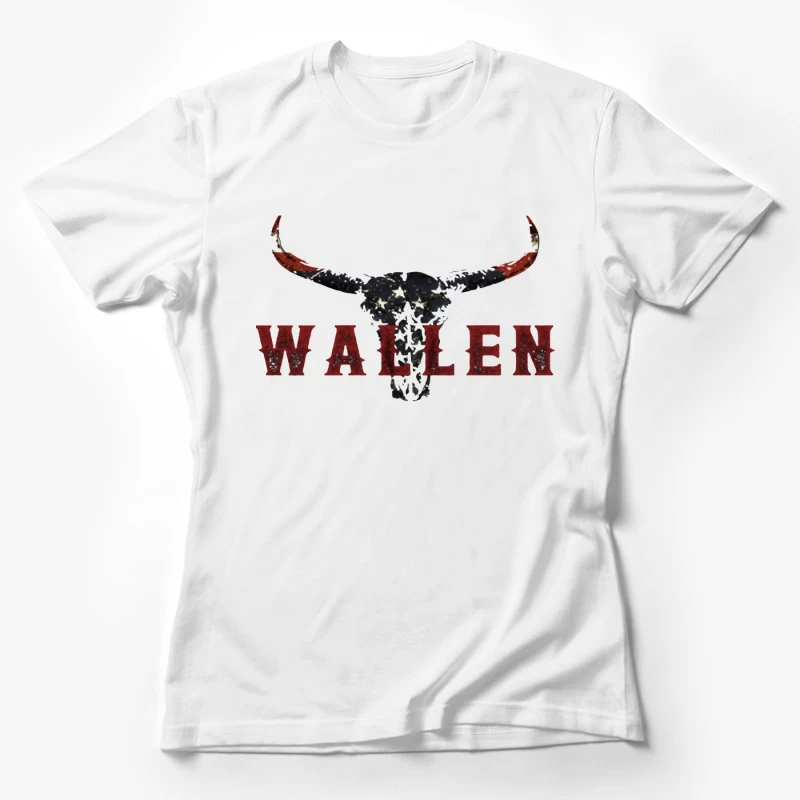 American Patriotic Western "Wallen" Logo with Flag-Patterned Bull Skull Female T-Shirt