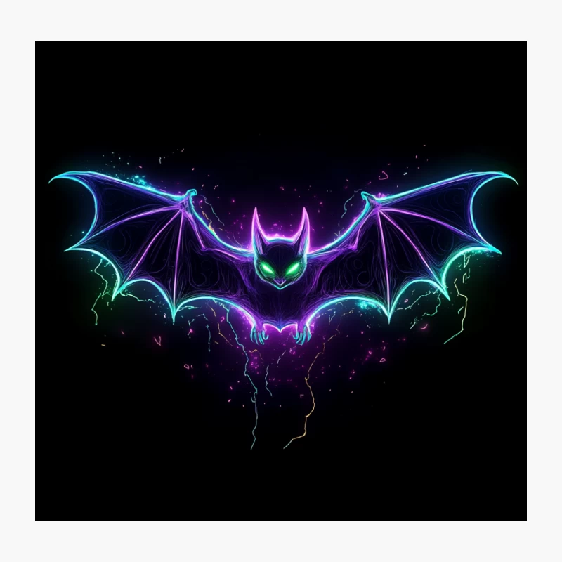 Glowing Neon Bat: Digital Halloween Art Throw Pillow
