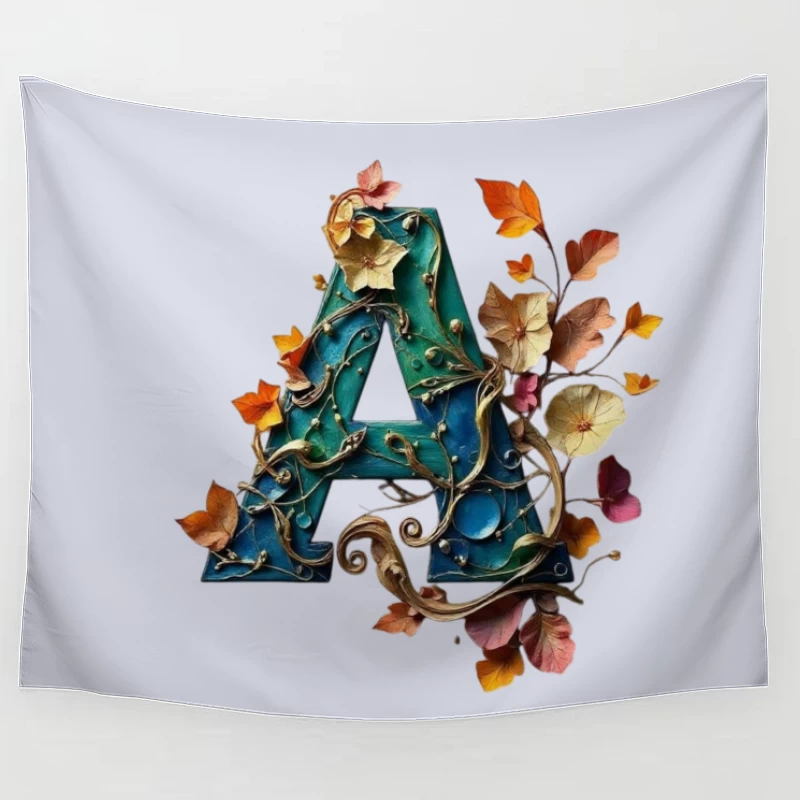 Ornate Teal Letter A with Autumn Floral Embellishments Tapestry