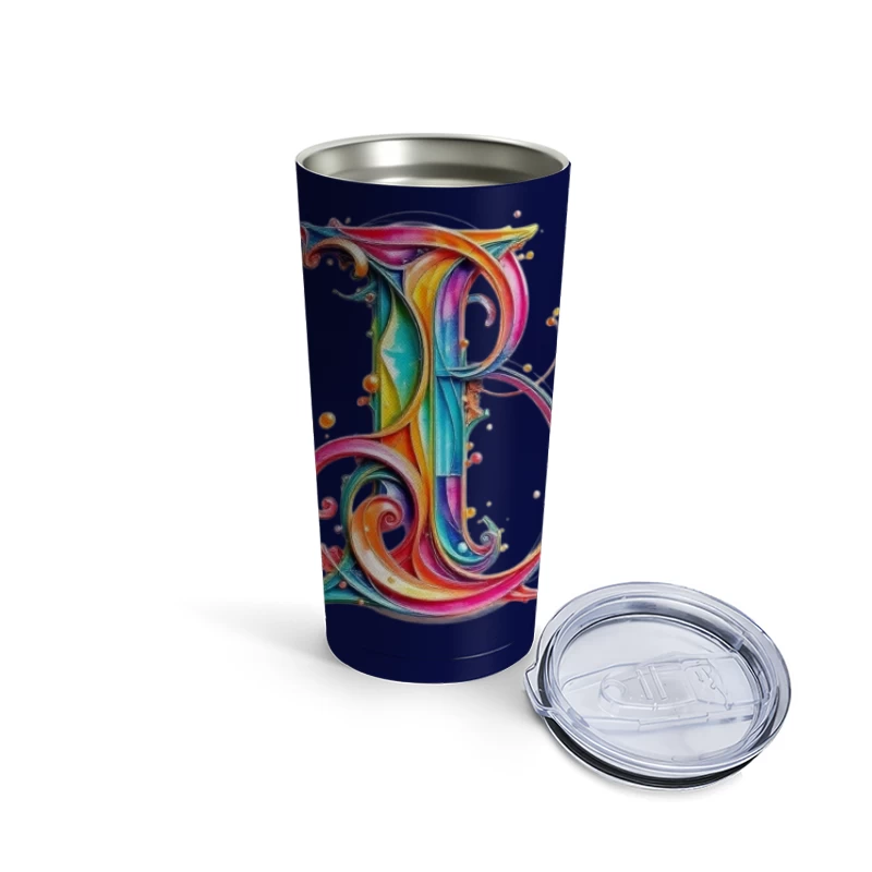 Ornate Rainbow Watercolor Letter B Typography Art Travel Mug