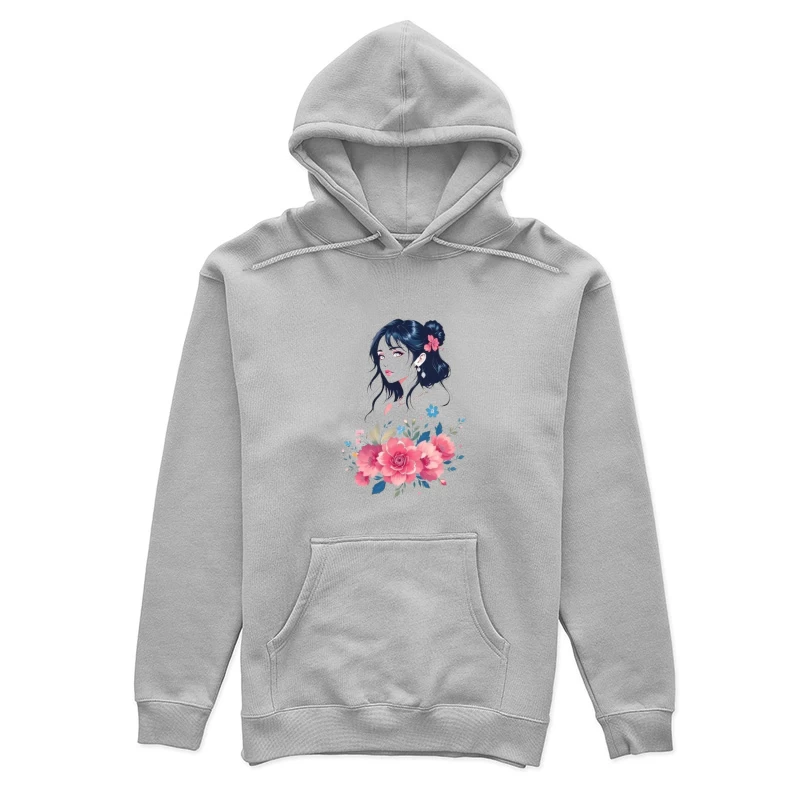 Elegant Anime Portrait with Pink Floral Arrangement Female Pullover Hoodie