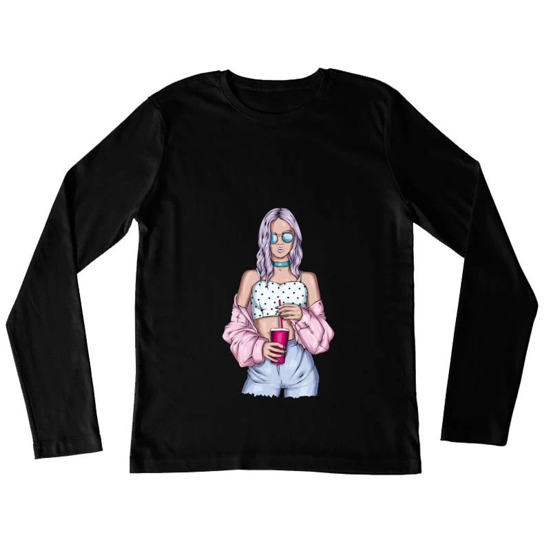 Trendy Young Woman with Drink Female Long Sleeve T-Shirt