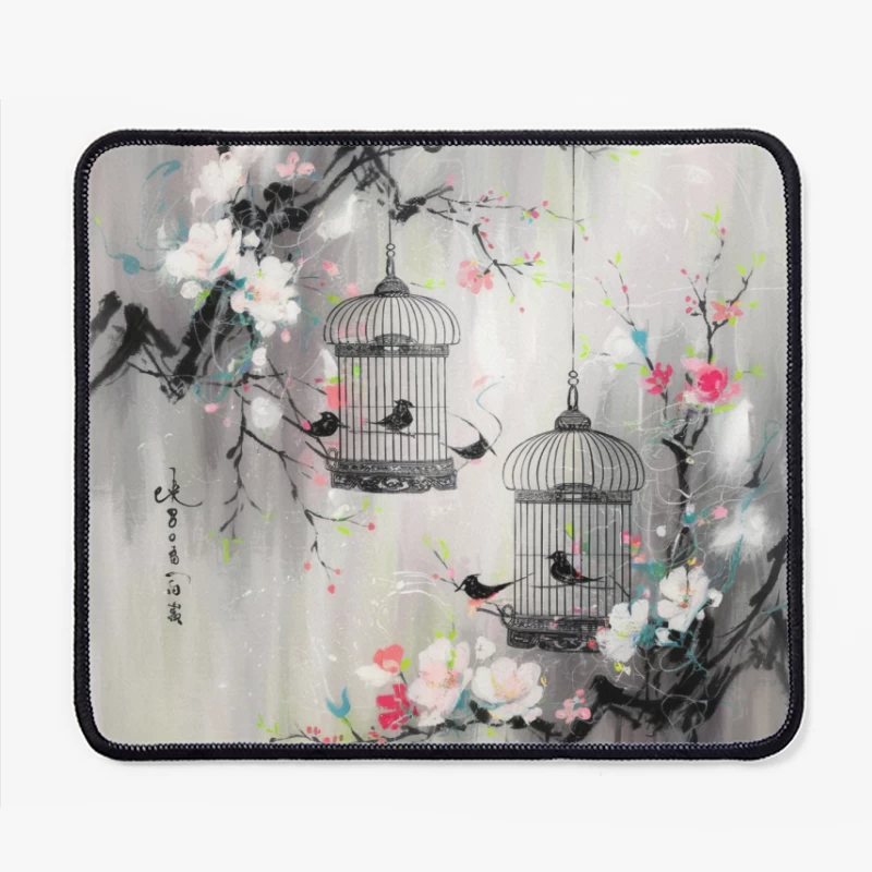 Delicate Asian Watercolor with Bird Cages and Cherry Blossoms Mouse Pad
