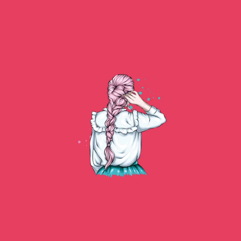 Whimsical Illustration of a Girl with Pink Hair in a Braid Desk Mat