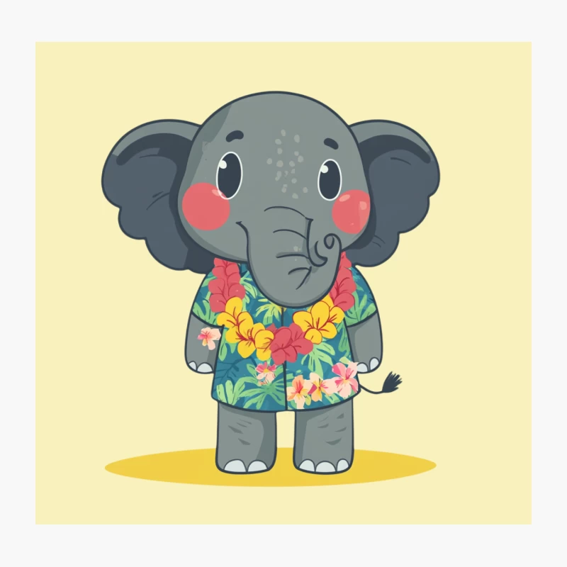 Cute Cartoon Elephant in Hawaiian Tropical Flower Shirt Throw Pillow