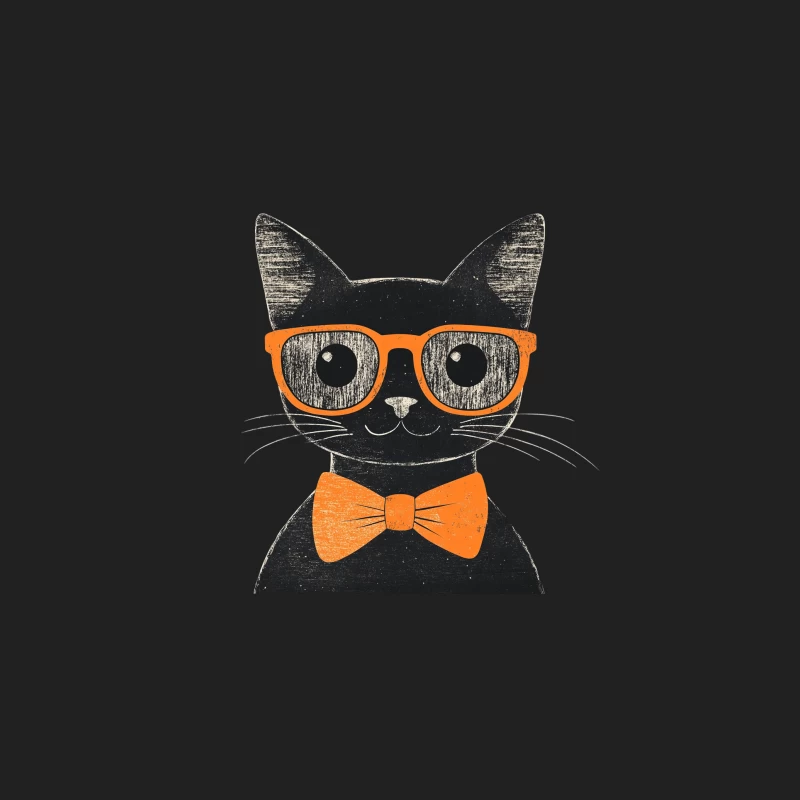 Cute Black Cat with Orange Glasses and Bowtie Hipster Illustration Bucket Hat