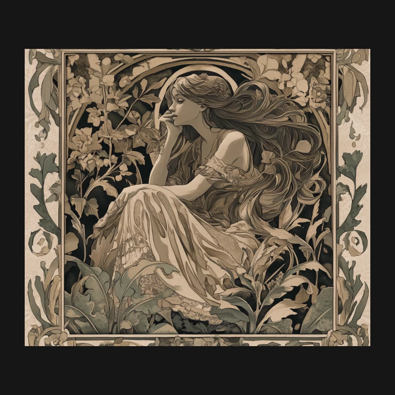 Art Nouveau Floral Portrait: Ornate Monochrome Illustration Mouse Pad
