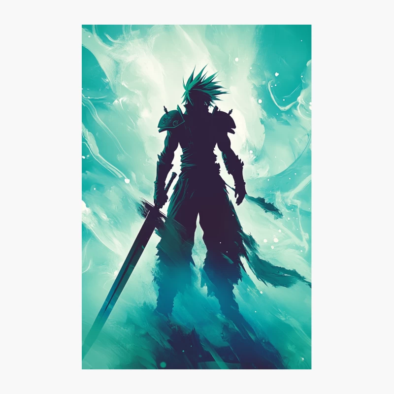 Silhouetted Warrior: Fantasy Swordsman in Teal Mystical Light Cotton Tote Bag