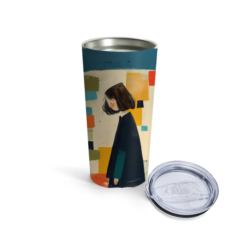 Minimalist Illustration of Figure in Black Coat Against Colorful Abstract Squares Travel Mug