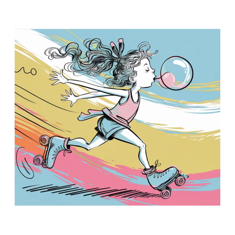 Whimsical Illustration of Girl Rollerskating with Bubble Gum Tapestry