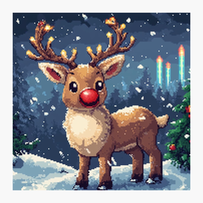 Pixelated Christmas Reindeer in Snowy Winter Night Pin