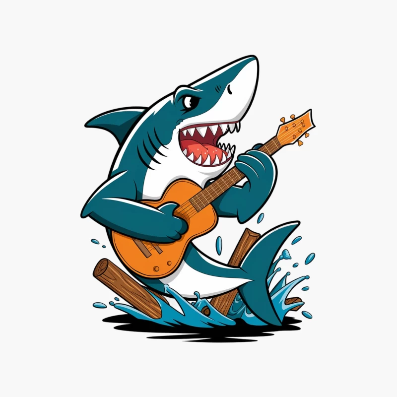 Cartoon Shark Playing Guitar in Ocean Waves Cotton Tote Bag