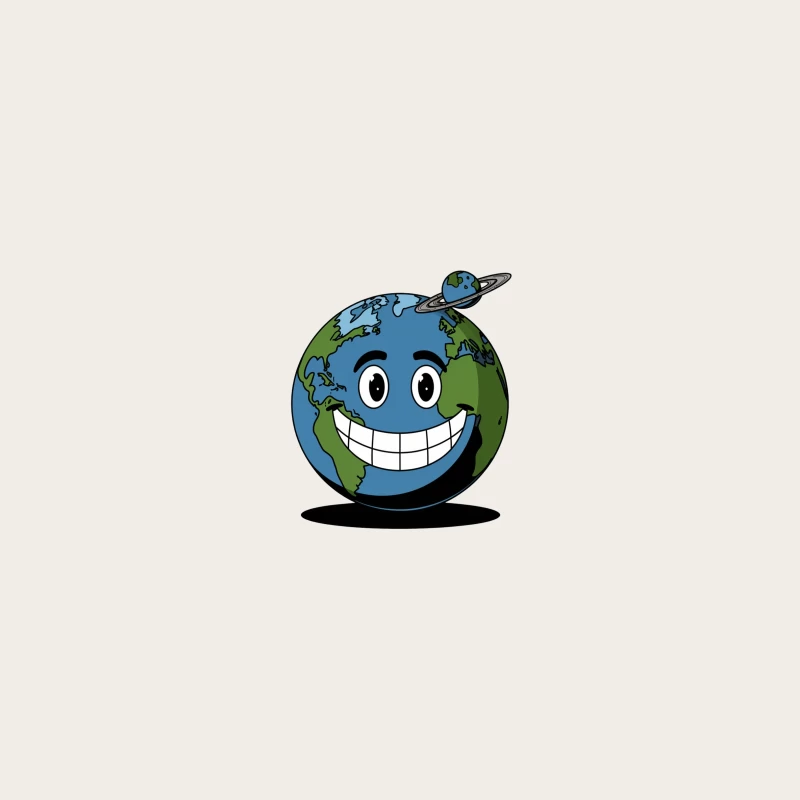 Happy Cartoon Earth Globe with Smiling Face and Mini Planet Ring Bucket Hat