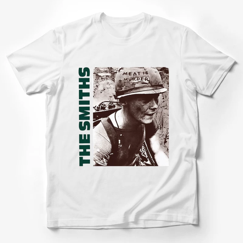 Vintage Activist Portrait with "Meat is Murder" Helmet Male T-Shirt