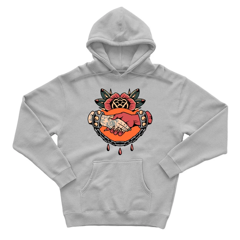 Symbolic Handshake Artwork with Floral and Chain Elements Male Pullover Hoodie