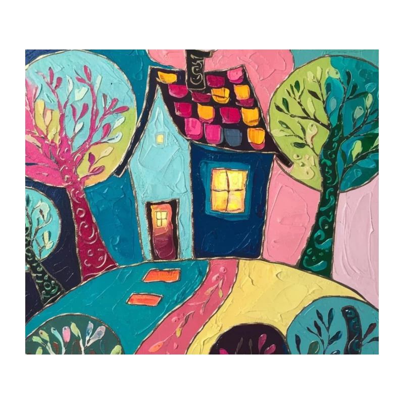 Whimsical Abstract Landscape with Colorful House and Curvy Trees Tapestry