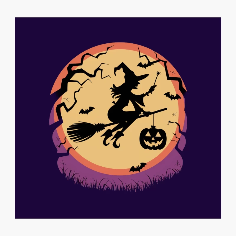 Halloween Night Witch Silhouette with Pumpkin and Bats Under Full Moon Throw Pillow