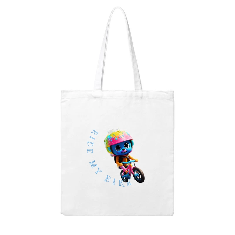 Cute Blue Animated Character Riding Colorful Bike with Safety Helmet Cotton Tote Bag