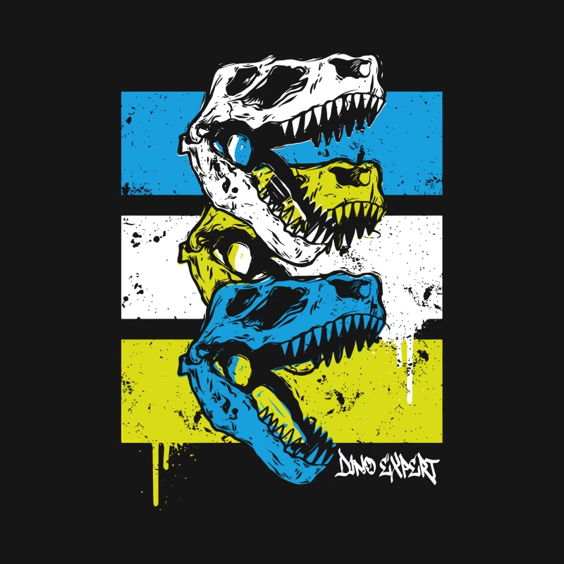 Layered T-Rex Skulls: Grunge Street Art Aesthetic Female T-Shirt