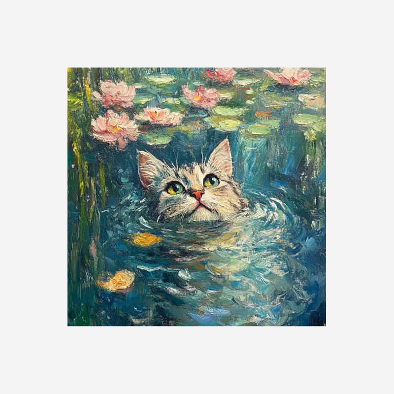 Whimsical Cat in Monet's Water Lily Pond Female T-Shirt