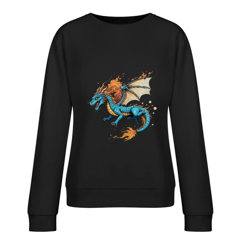 Fierce Blue Dragon with Fiery Mane and Wings Female Pullover Sweatshirt