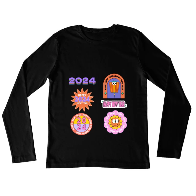 Fröhliches Neues Jahr 2024 mit bunten Grafiken Damen Langarm T-Shirt