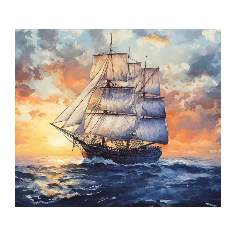 Majestic Sailing Ship Navigating Stormy Seas at Sunset Tapestry