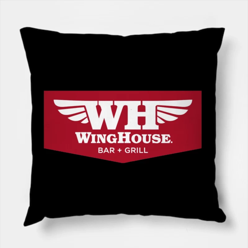 WingHouse Bar & Grill Restaurant Logo with Wings Design Throw Pillow