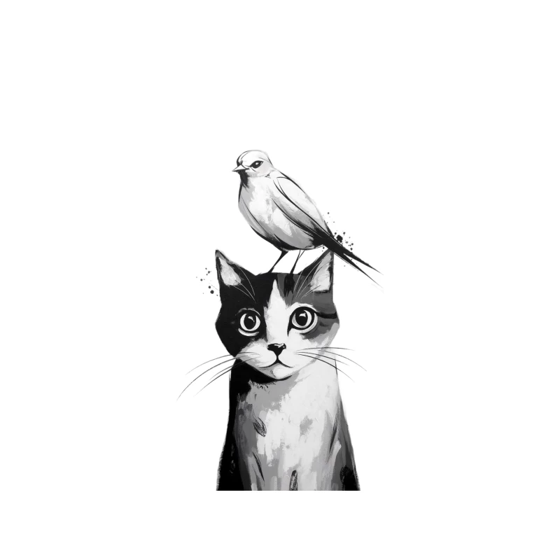Whimsical Black and White Illustration of Cat with Bird Tapestry