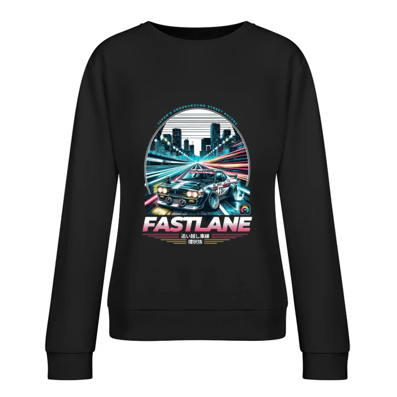 Retro Sports Car Racing Through Neon Cityscape - Synthwave Style Female Pullover Sweatshirt