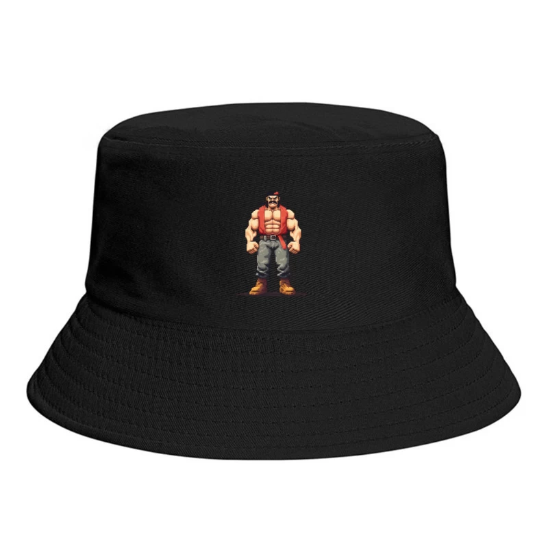 Retro Pixel Art Muscular Fighter in Red Vest Bucket Hat