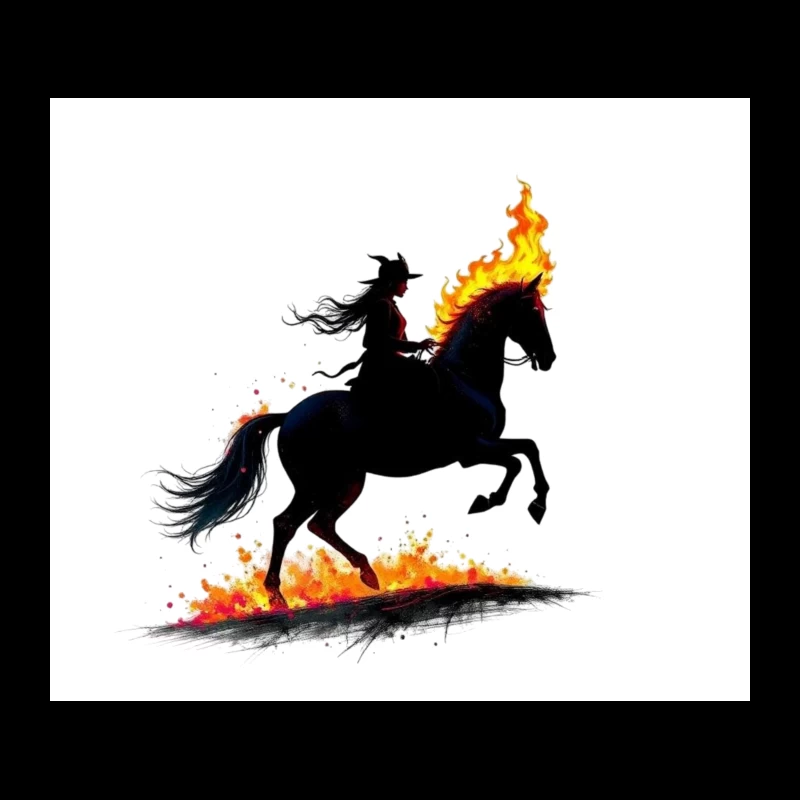 Mystical Dark Rider with Flaming Horse Silhouette Tapestry