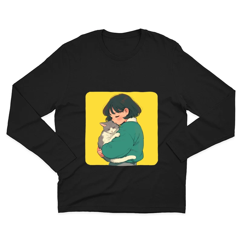 Gentle Embrace: Girl in Green Cuddling Gray Cat Male Long Sleeve T-Shirt