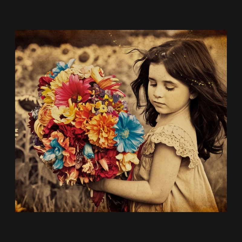 Innocent Girl with Vibrant Bouquet in Sunflower Field Mouse Pad