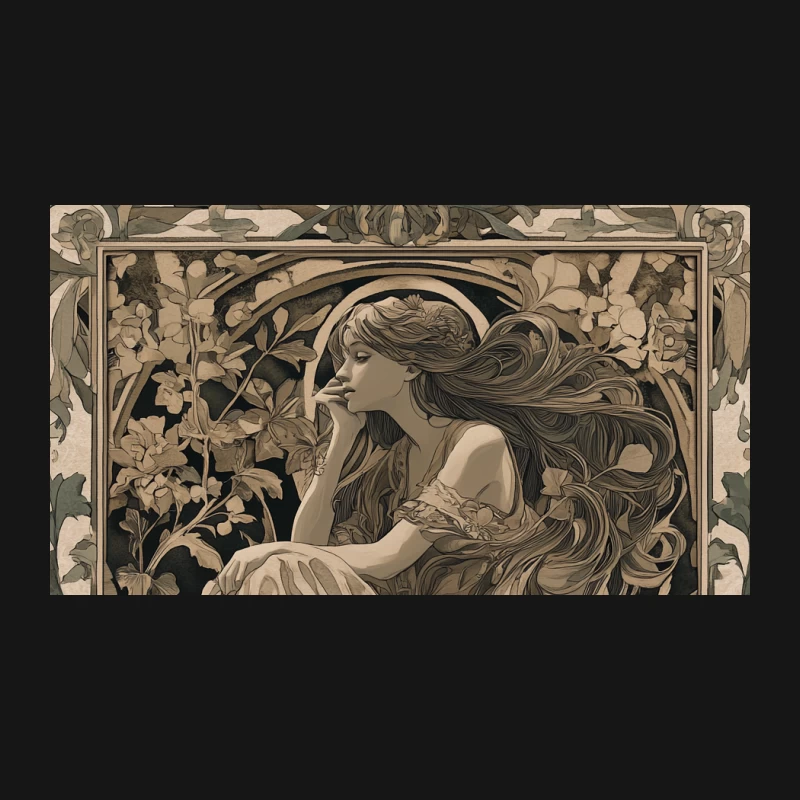 Art Nouveau Floral Portrait: Ornate Monochrome Illustration Desk Mat