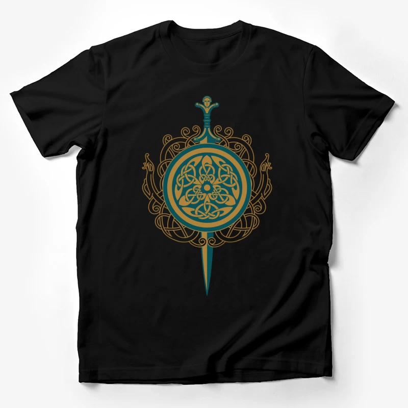 Intricate Celtic Knot Shield and Sword Design Male T-Shirt