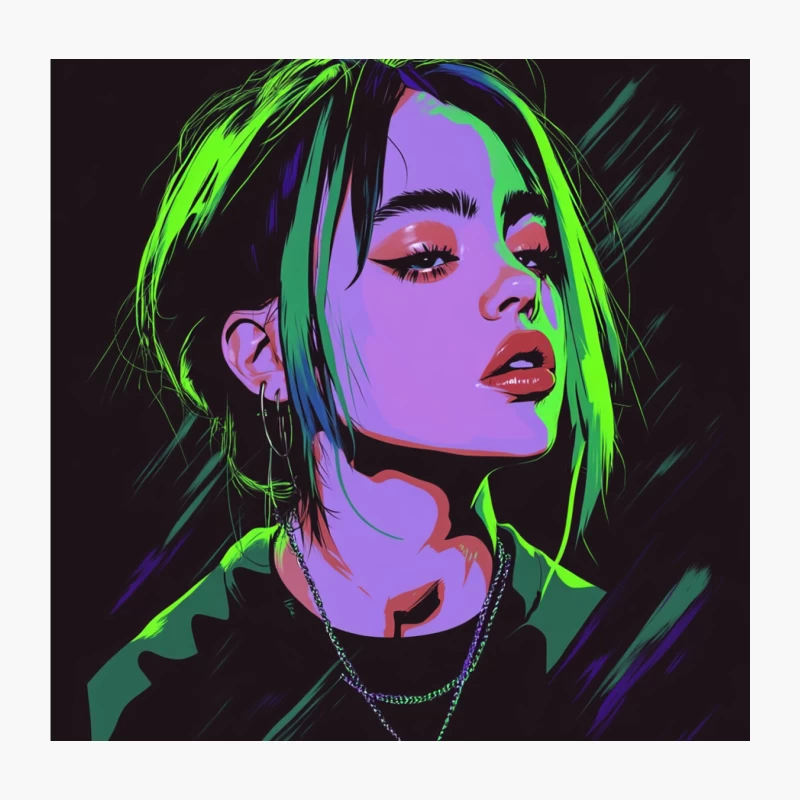 Neon Pop Art Portrait of Music Artist with Vibrant Green Hair Throw Pillow