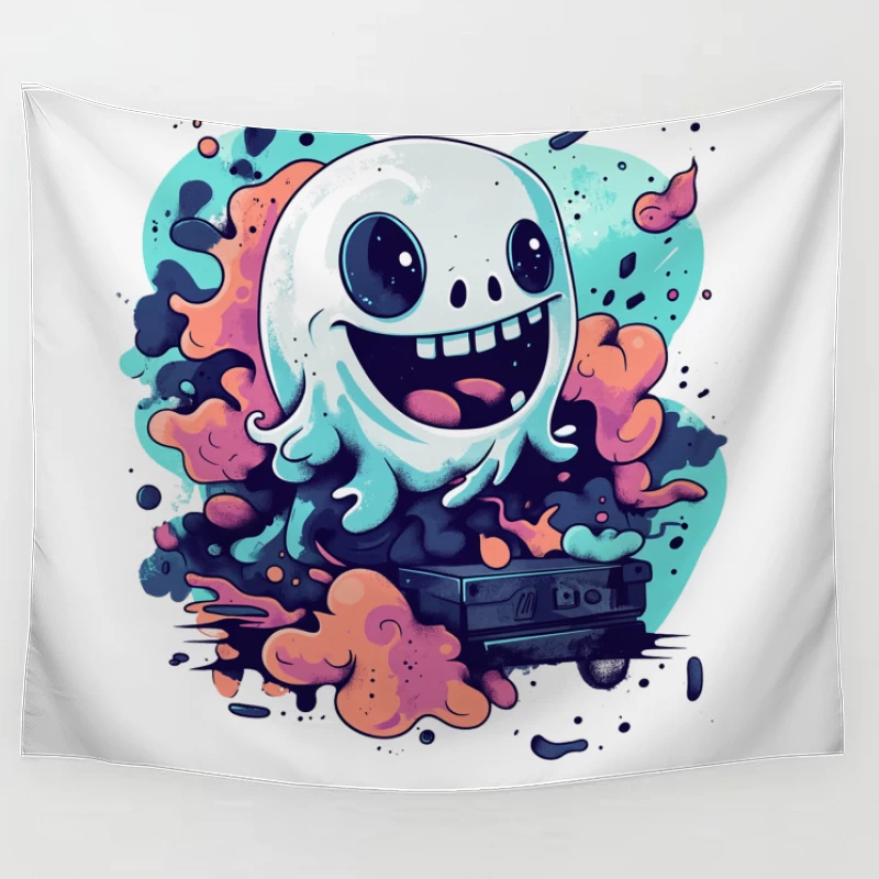 Playful Ghost with Colorful Swirls Gaming Art Tapestry