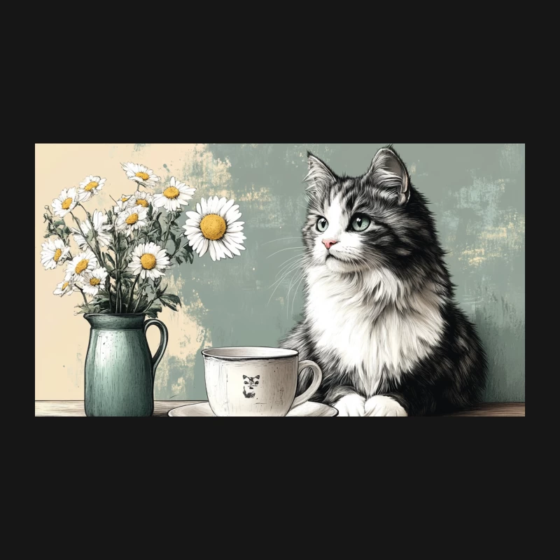 Rustic Still Life with Cat, Daisies, and Teacup Desk Mat