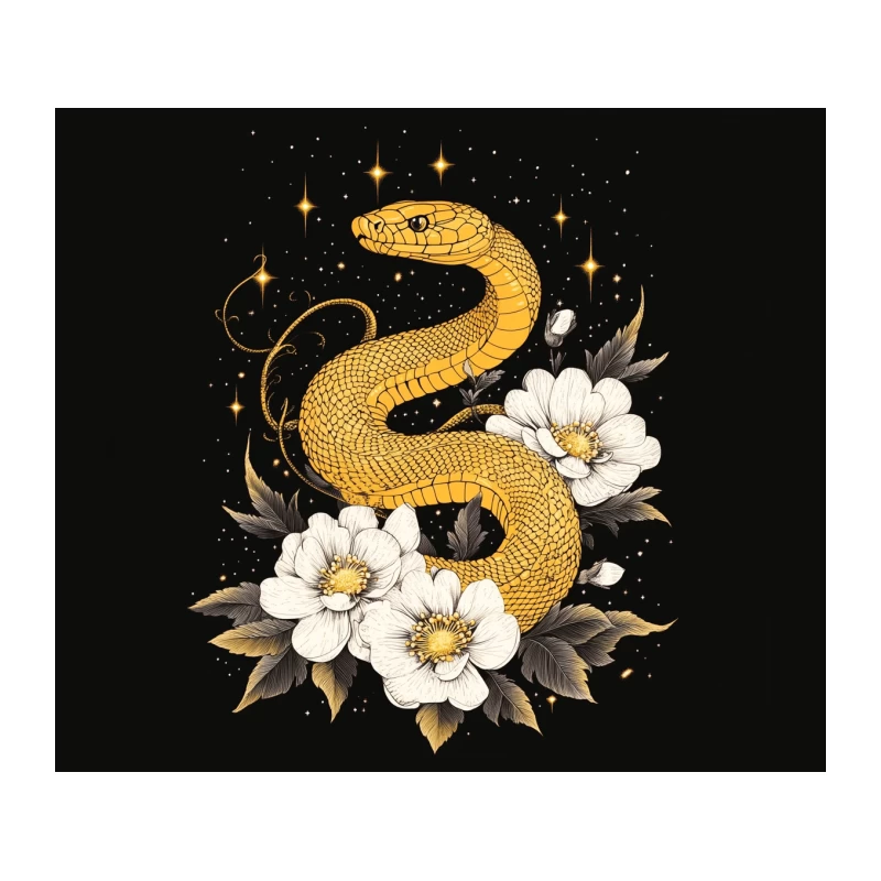 Mystical Golden Snake with White Flowers under Starry Night Tapestry