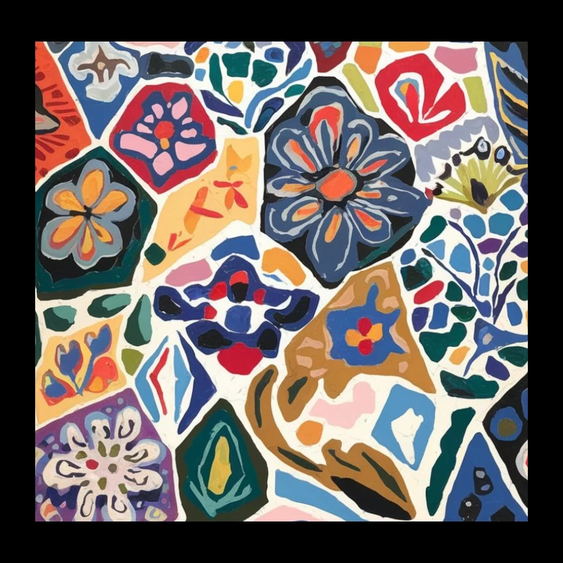 Vibrant Abstract Floral Mosaic in Folk Art Style Throw Pillow
