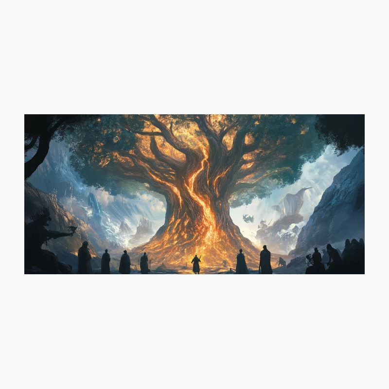 Mystical Glowing Tree with Silhouetted Figures in Epic Fantasy Landscape Coffee Mug
