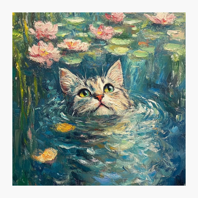Whimsical Cat in Monet's Water Lily Pond Pin