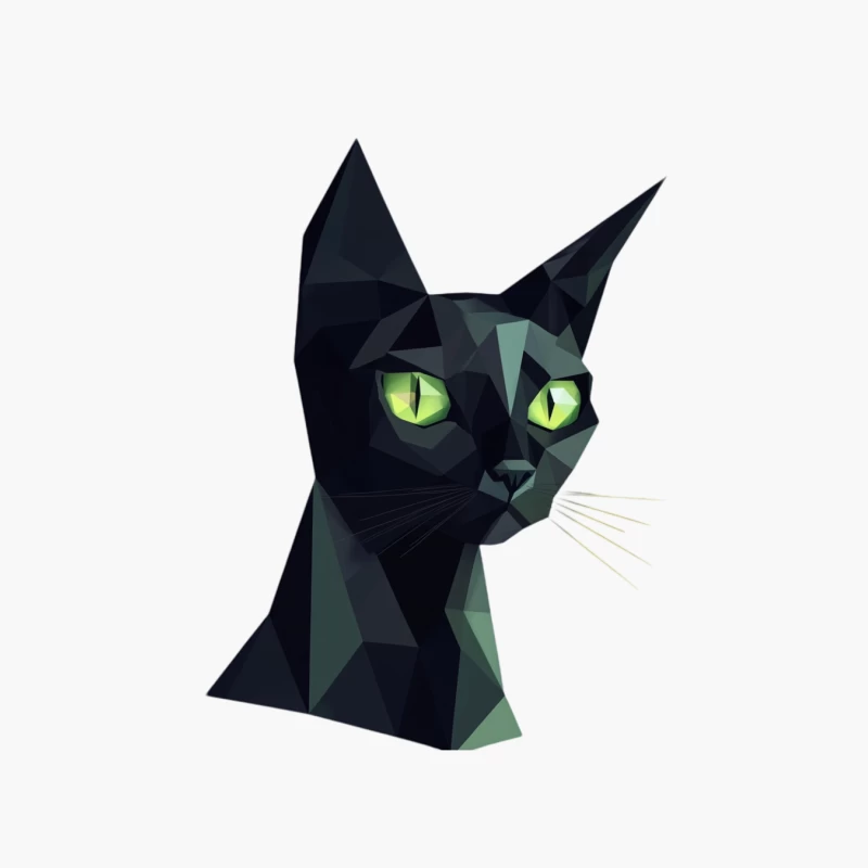 Geometric Black Cat with Glowing Green Eyes: Modern Polygon Art Cotton Tote Bag