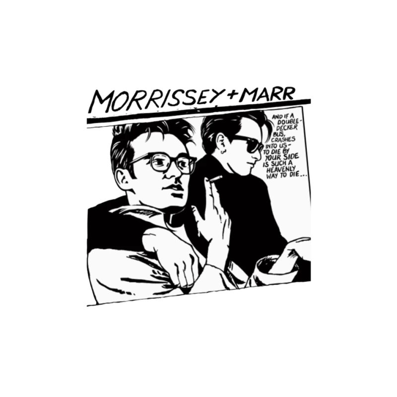 Black and White Comic Style Portrait of Morrissey and Marr with Dark Humor Quote Pin