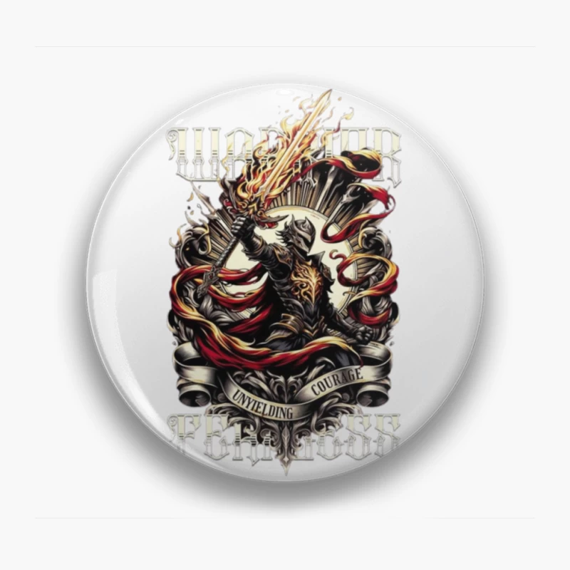 Unyielding Courage: Dark Fantasy Warrior with Flaming Sword Pin