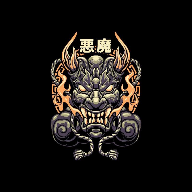 Epic Japanese Demon Mask Illustration Tapestry